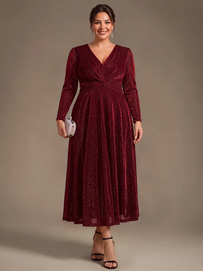 Robe midi trapèze scintillante en maille Lurex col croisé manches longues