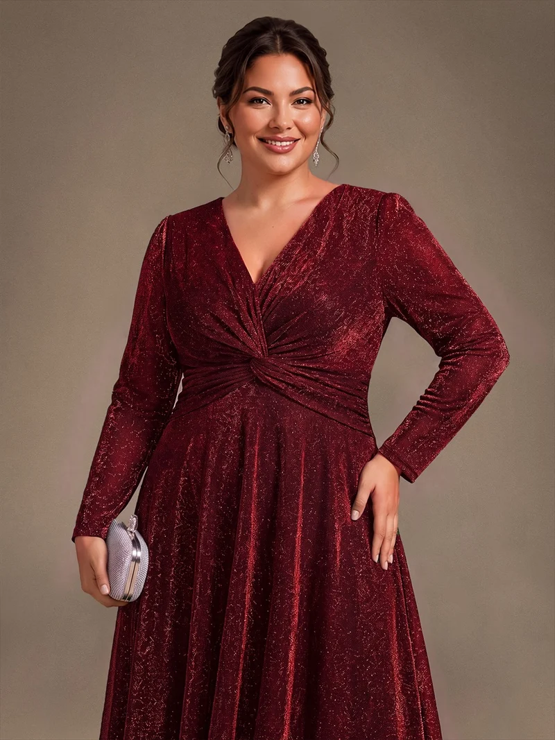 Robe midi trapèze scintillante en maille Lurex col croisé manches longues