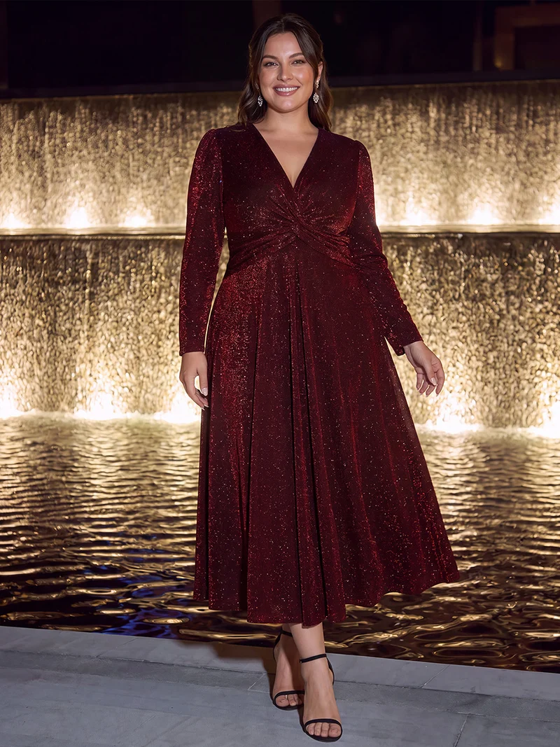 Robe midi trapèze scintillante en maille Lurex col croisé manches longues