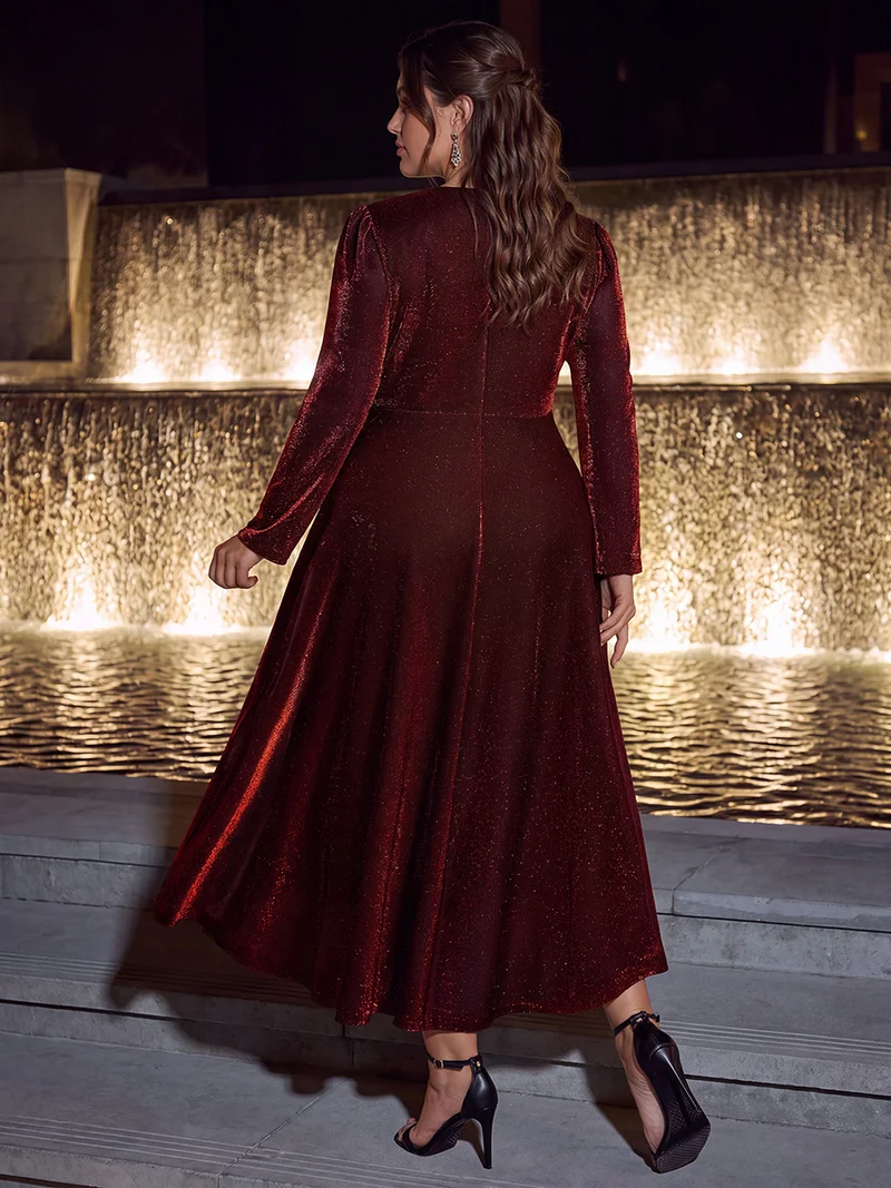 Robe midi trapèze scintillante en maille Lurex col croisé manches longues