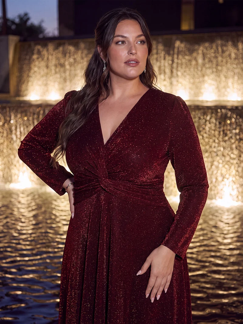 Robe midi trapèze scintillante en maille Lurex col croisé manches longues