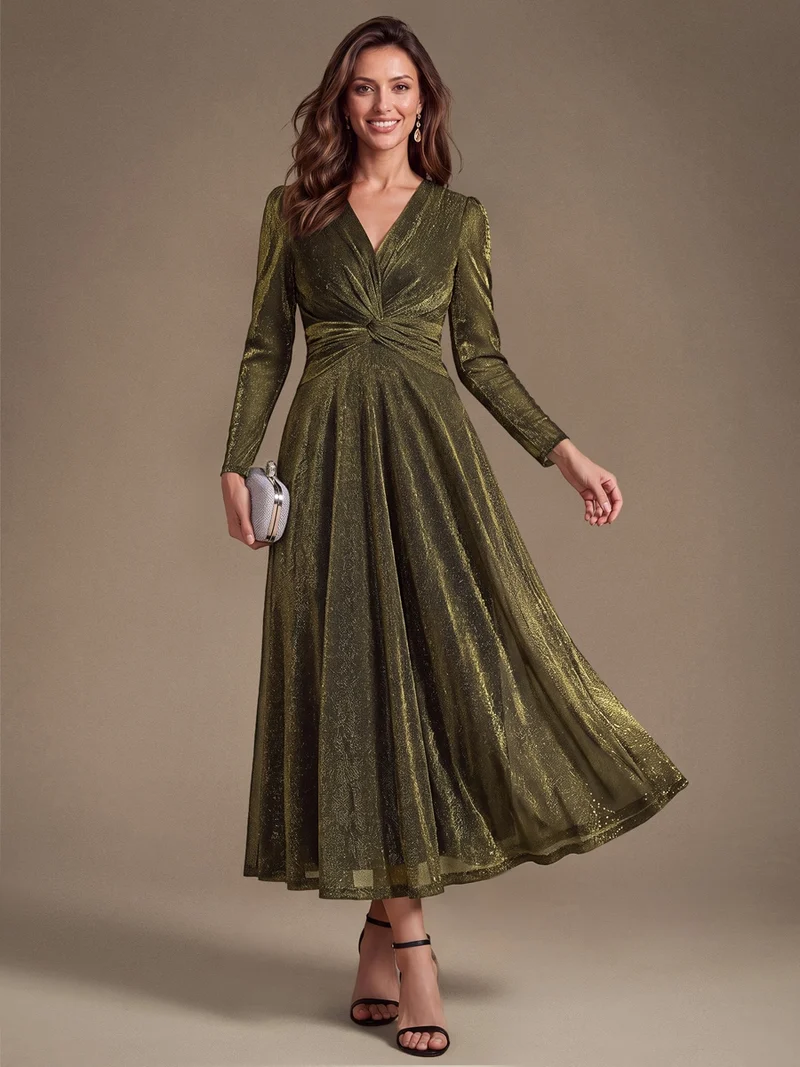 Robe midi trapèze scintillante en maille Lurex col croisé manches longues