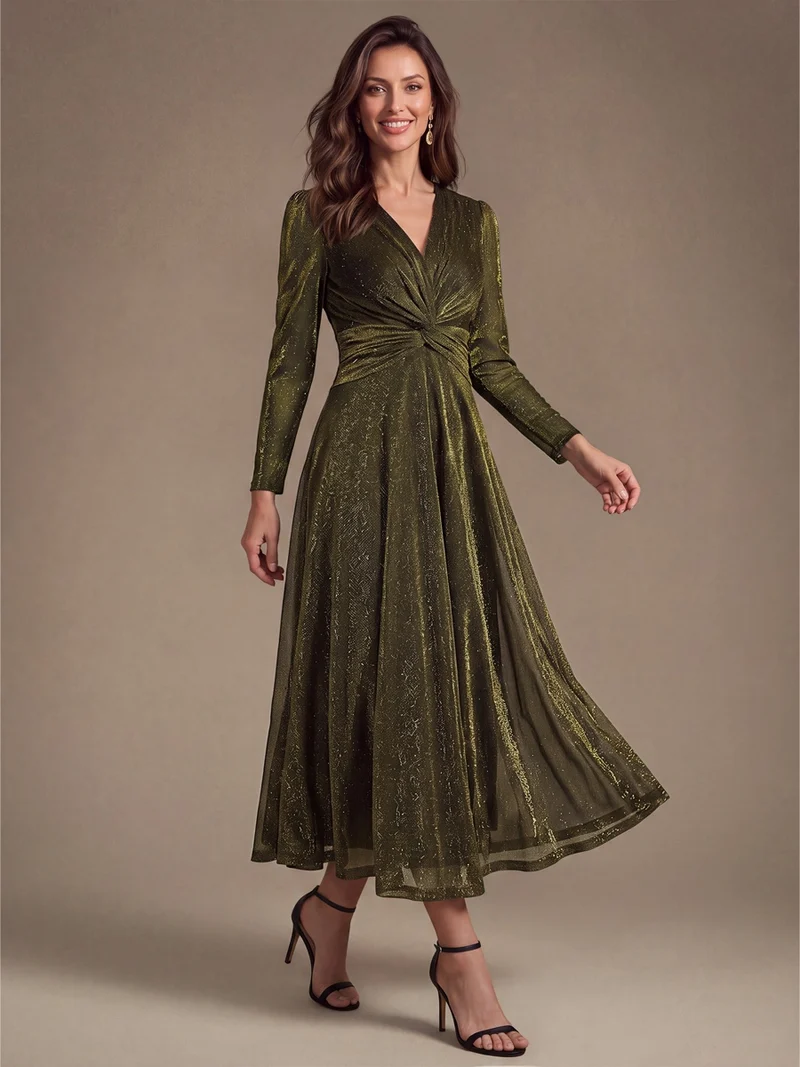 Robe midi trapèze scintillante en maille Lurex col croisé manches longues