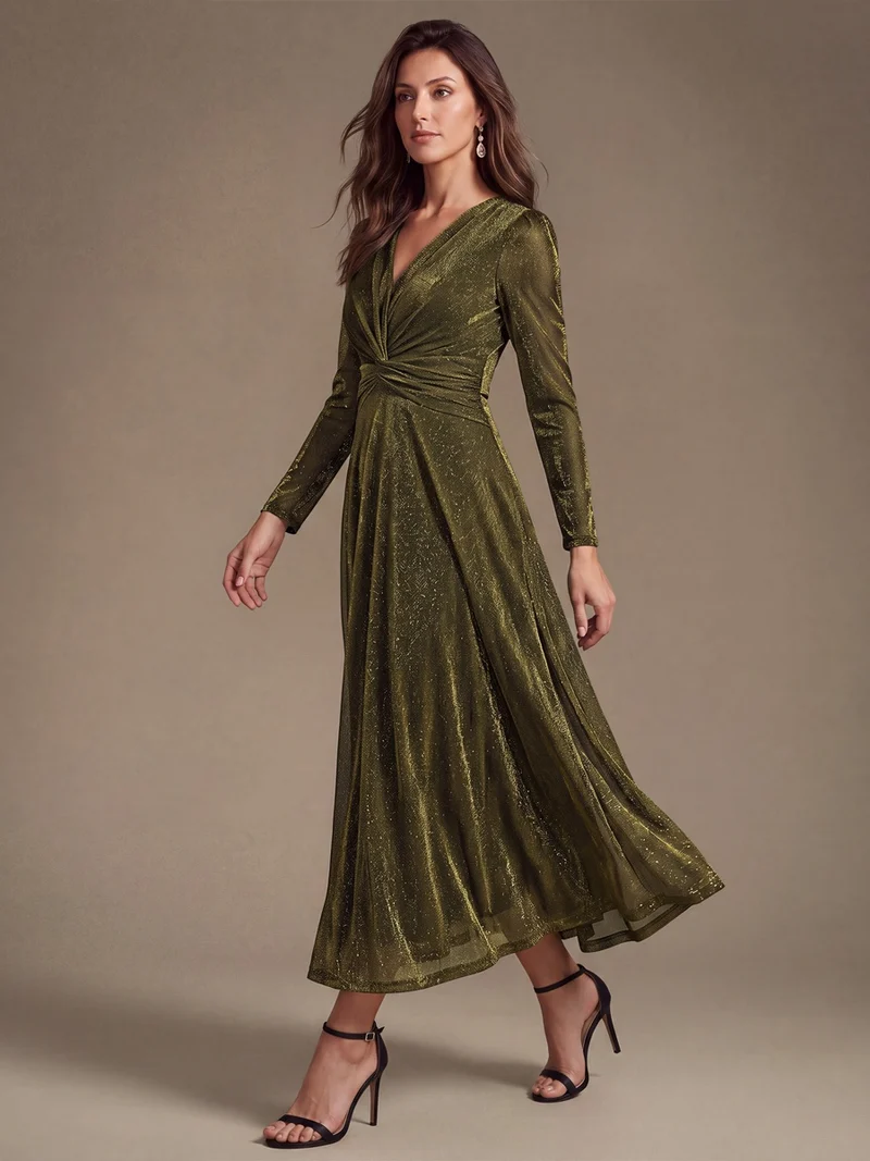 Robe midi trapèze scintillante en maille Lurex col croisé manches longues