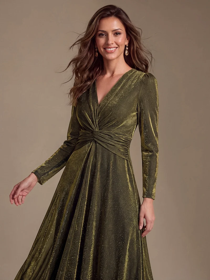 Robe midi trapèze scintillante en maille Lurex col croisé manches longues
