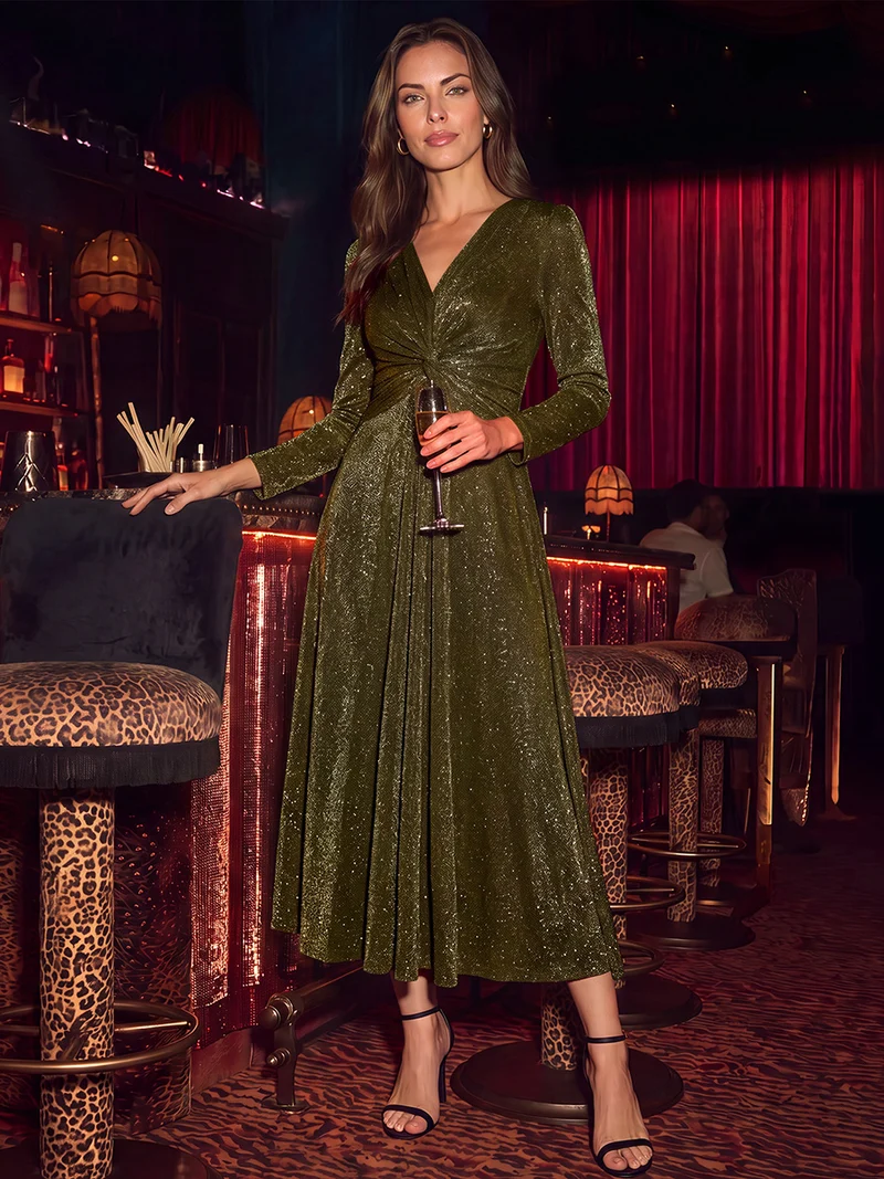 Robe midi trapèze scintillante en maille Lurex col croisé manches longues