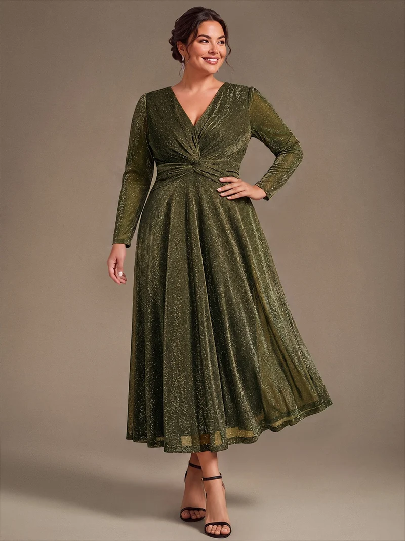 Robe midi trapèze scintillante en maille Lurex col croisé manches longues