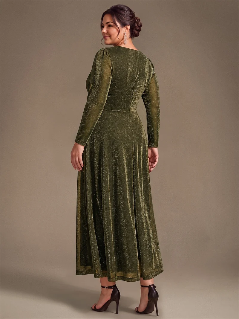Robe midi trapèze scintillante en maille Lurex col croisé manches longues