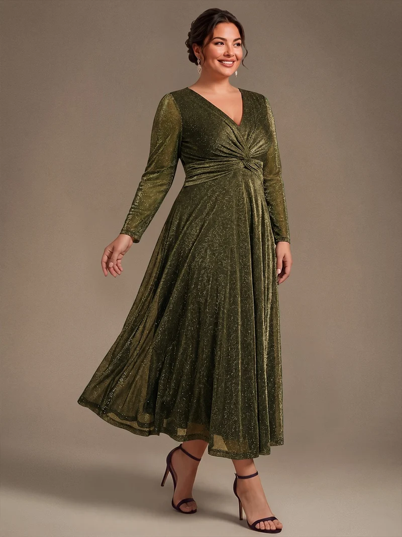 Robe midi trapèze scintillante en maille Lurex col croisé manches longues