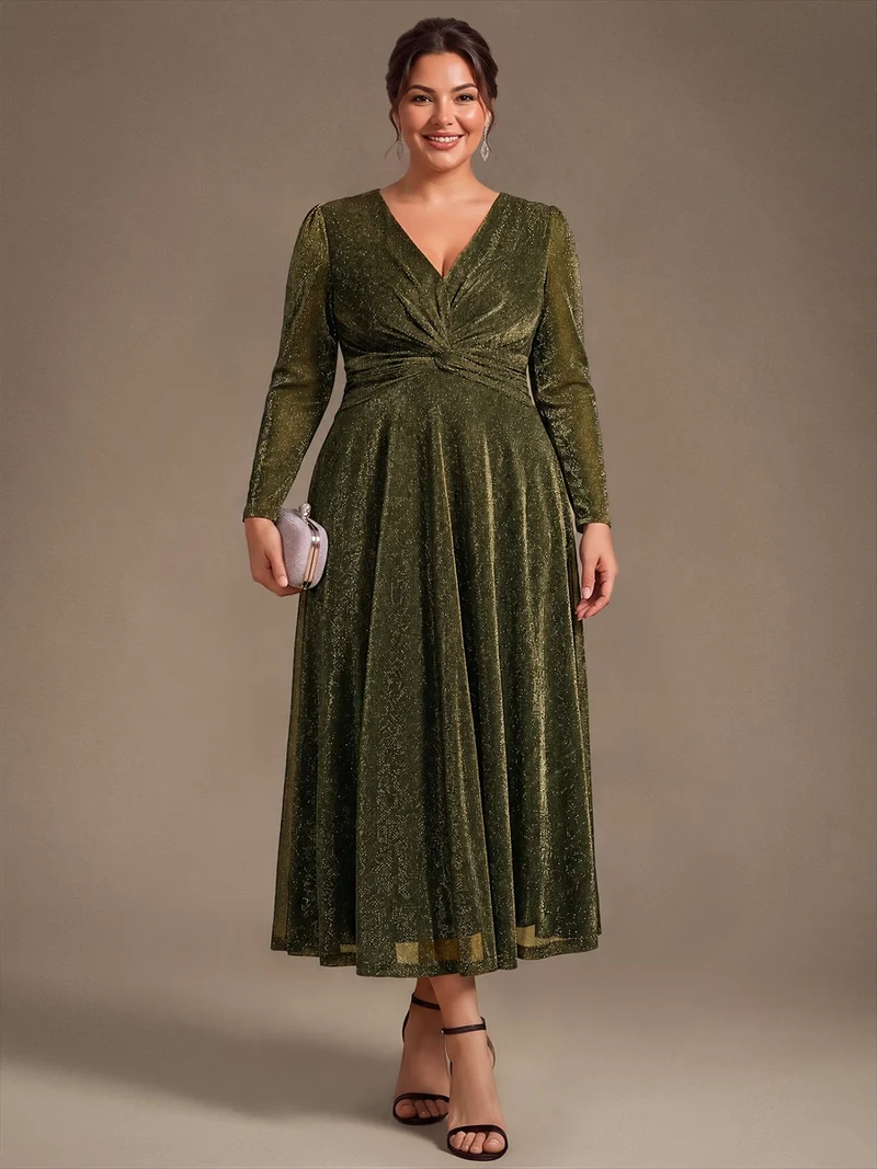 Robe midi trapèze scintillante en maille Lurex col croisé manches longues