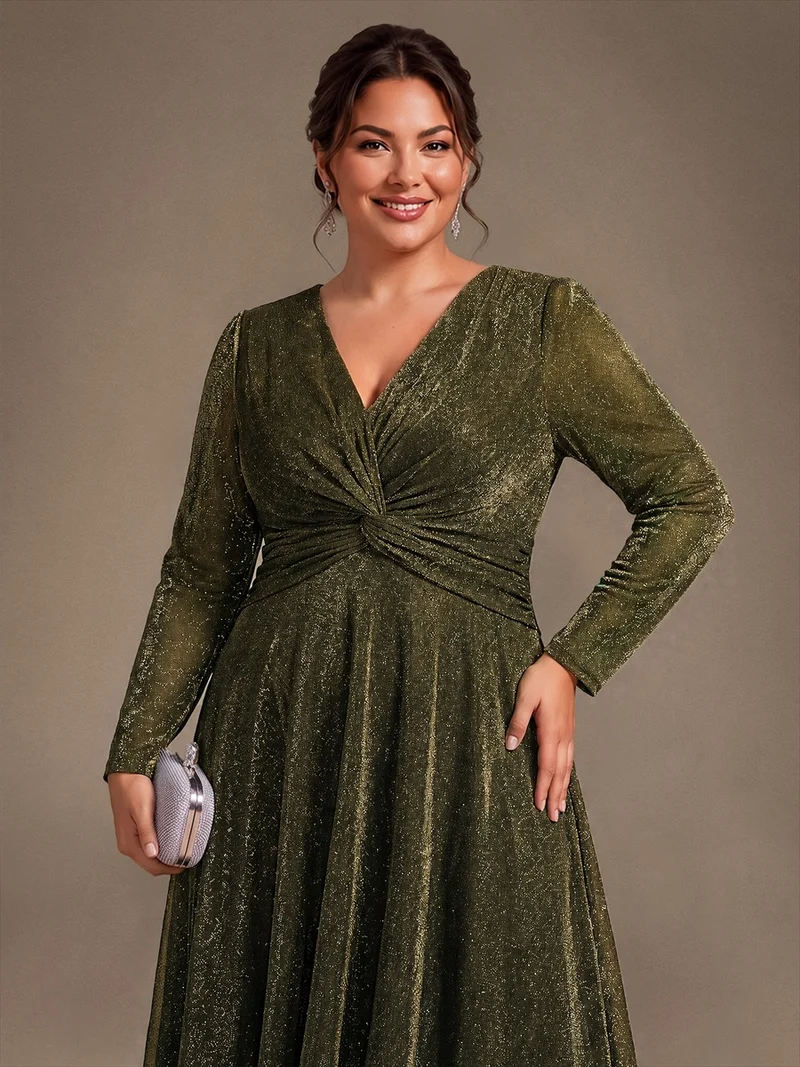 Robe midi trapèze scintillante en maille Lurex col croisé manches longues