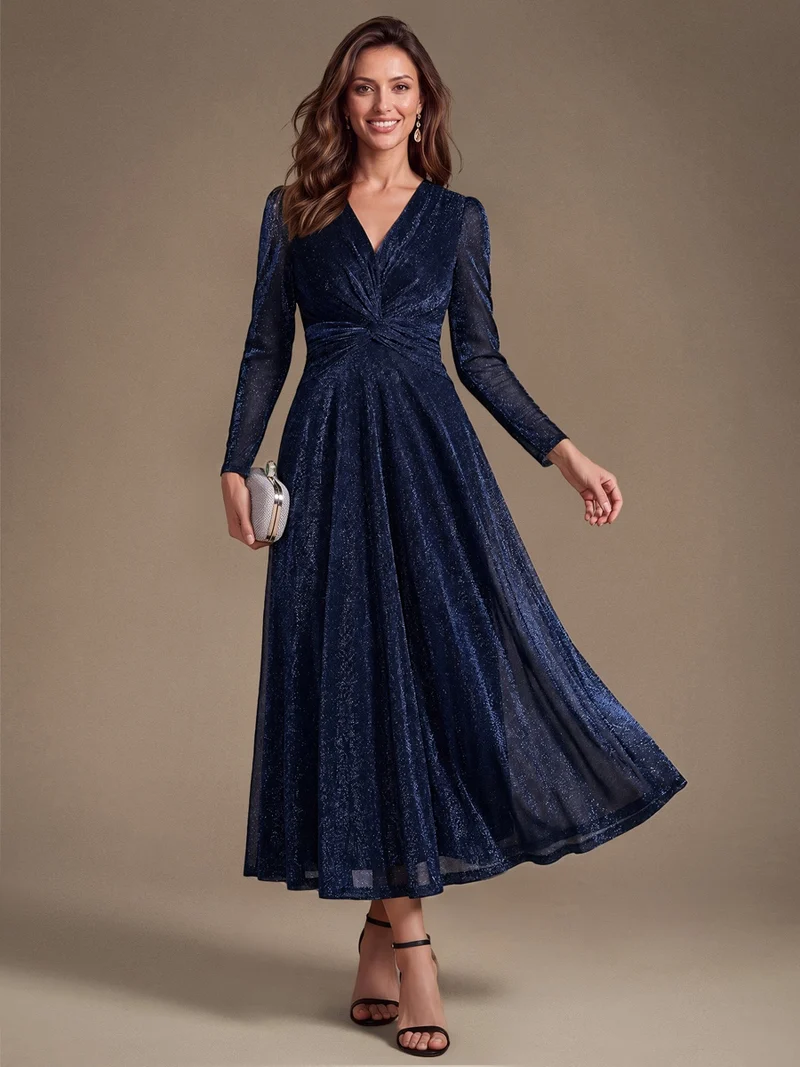 Robe midi trapèze scintillante en maille Lurex col croisé manches longues