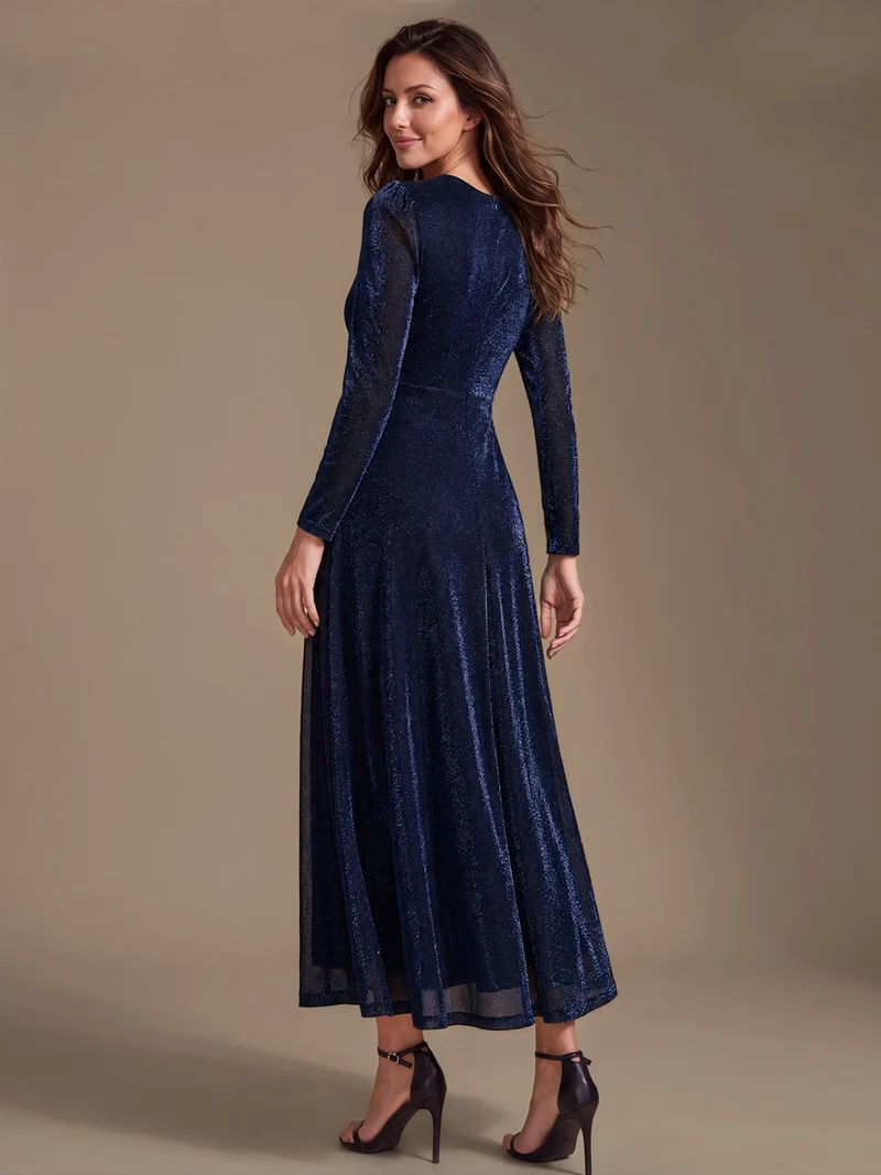 Robe midi trapèze scintillante en maille Lurex col croisé manches longues