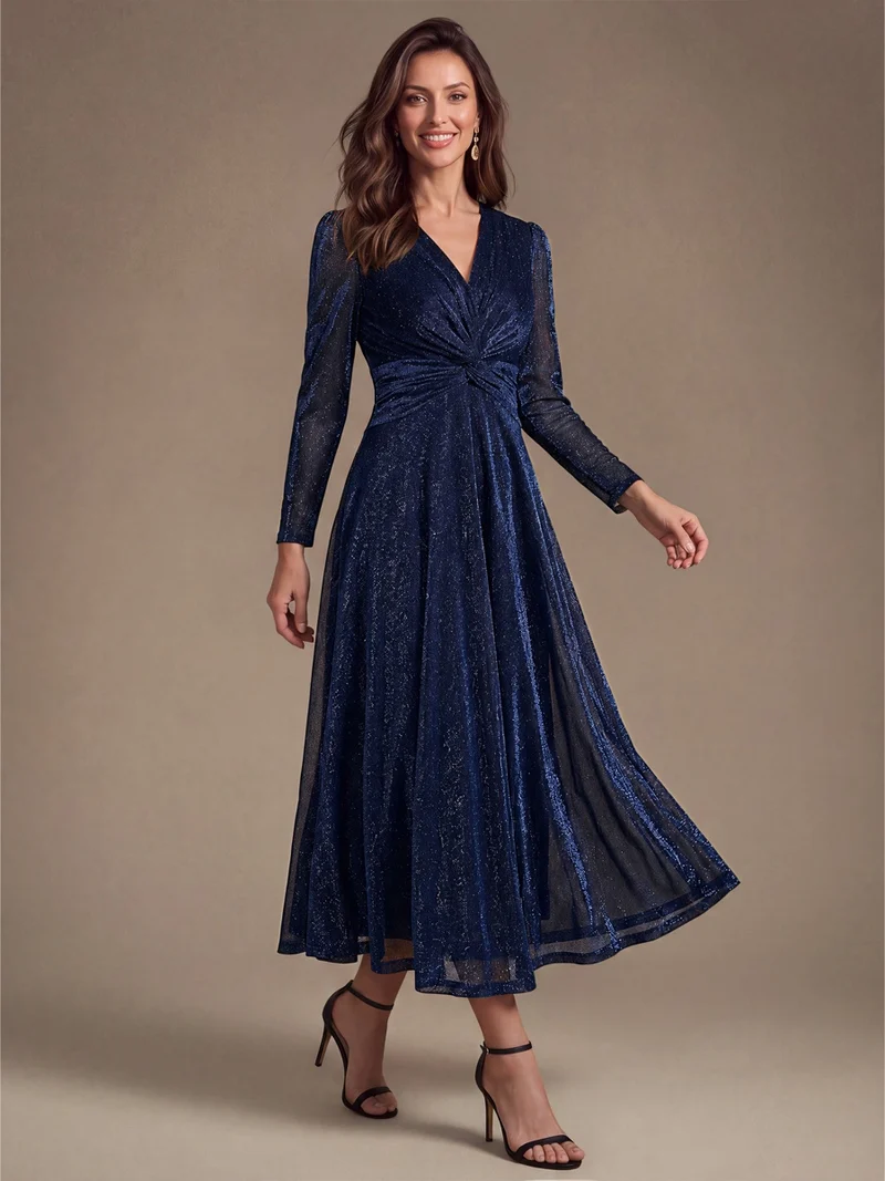 Robe midi trapèze scintillante en maille Lurex col croisé manches longues