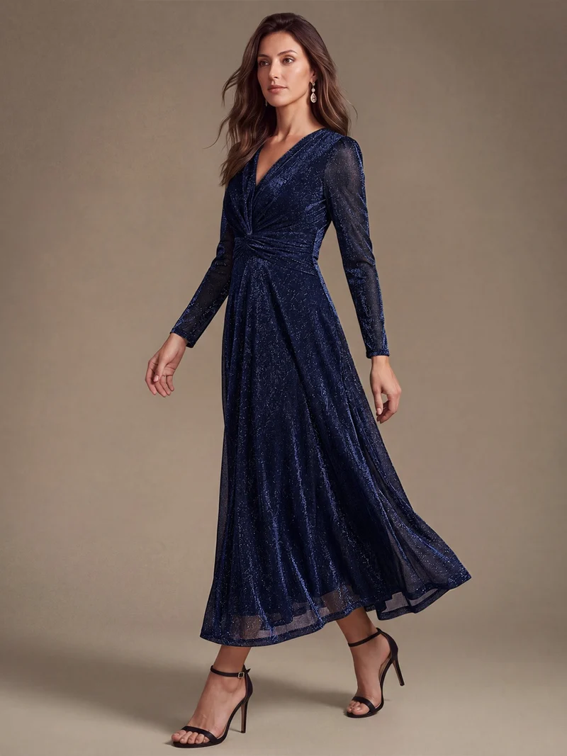 Robe midi trapèze scintillante en maille Lurex col croisé manches longues