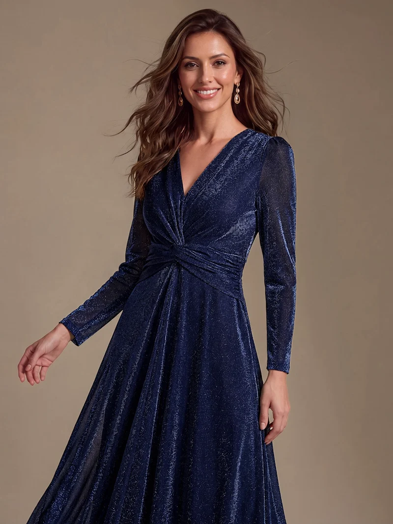Robe midi trapèze scintillante en maille Lurex col croisé manches longues
