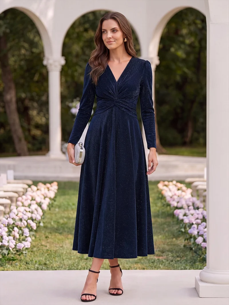 Robe midi trapèze scintillante en maille Lurex col croisé manches longues
