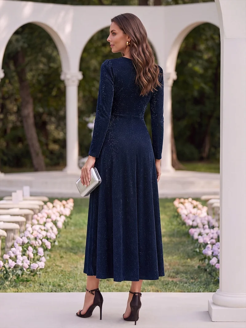 Robe midi trapèze scintillante en maille Lurex col croisé manches longues