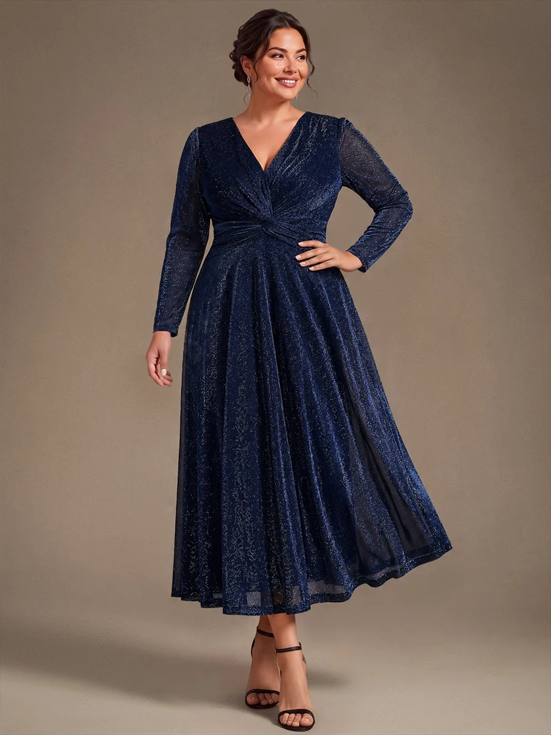 Robe midi trapèze scintillante en maille Lurex col croisé manches longues
