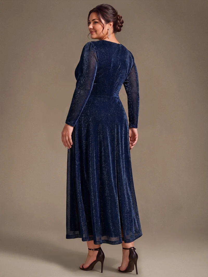 Robe midi trapèze scintillante en maille Lurex col croisé manches longues