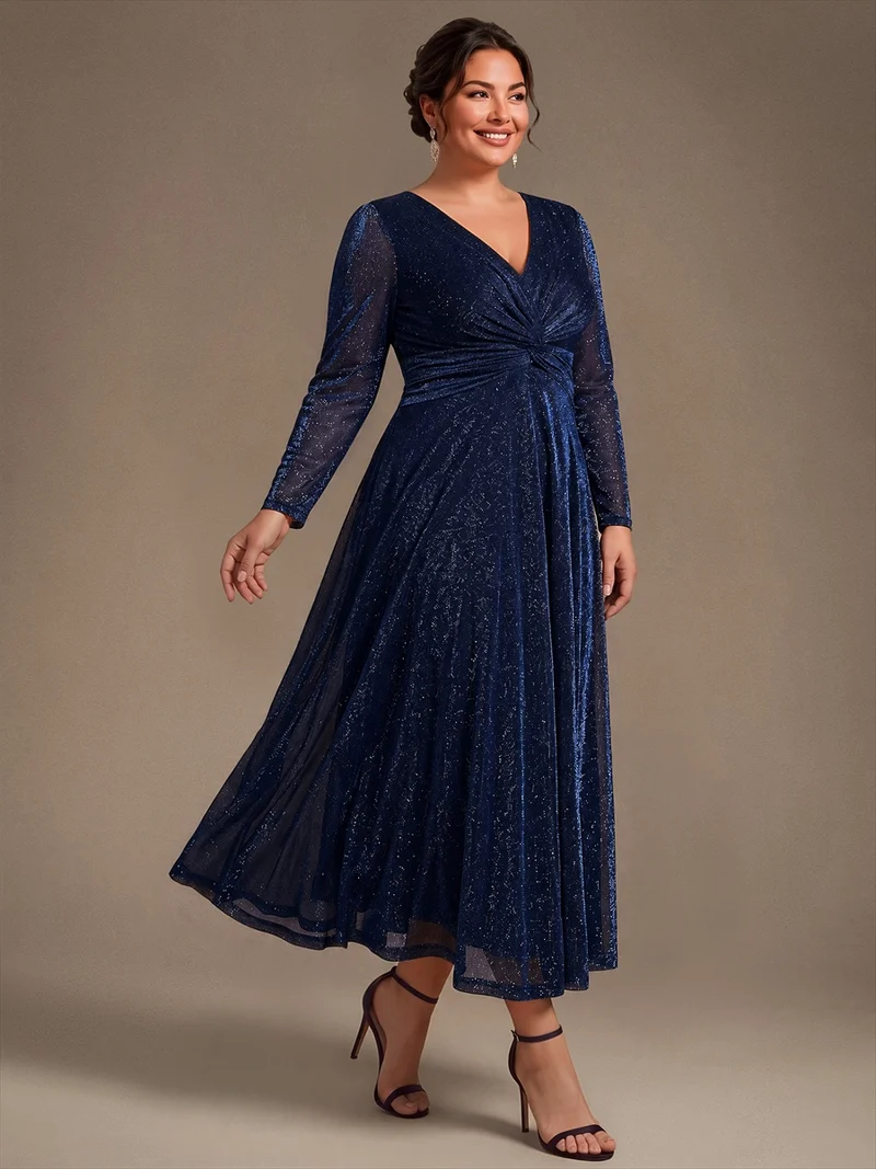 Robe midi trapèze scintillante en maille Lurex col croisé manches longues