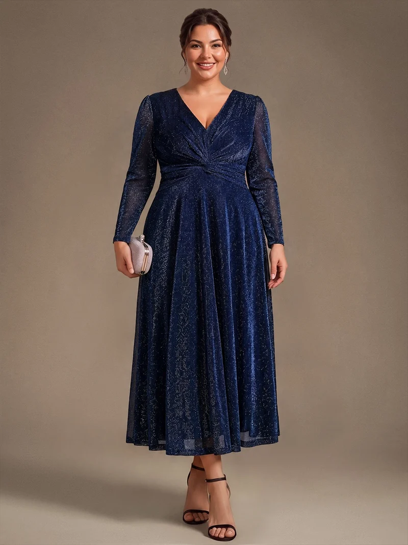 Robe midi trapèze scintillante en maille Lurex col croisé manches longues