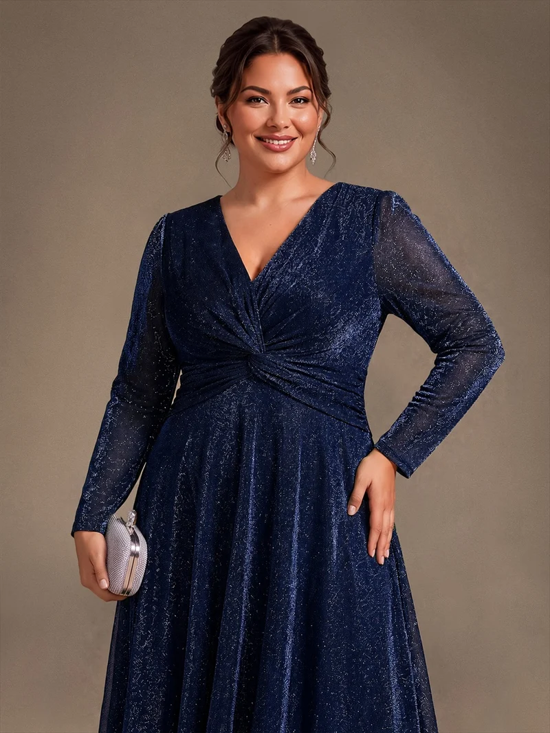 Robe midi trapèze scintillante en maille Lurex col croisé manches longues