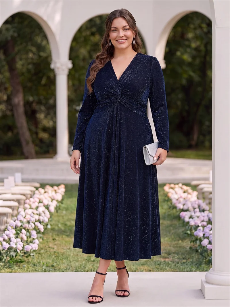 Robe midi trapèze scintillante en maille Lurex col croisé manches longues