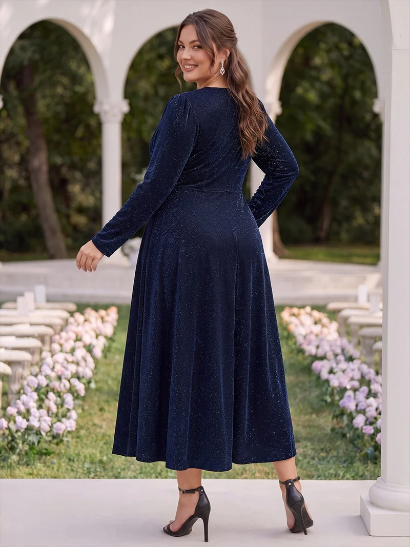 Robe midi trapèze scintillante en maille Lurex col croisé manches longues