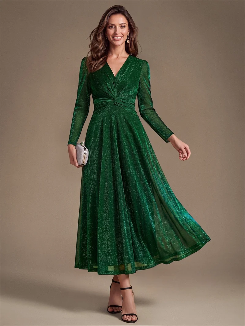 Robe midi trapèze scintillante en maille Lurex col croisé manches longues