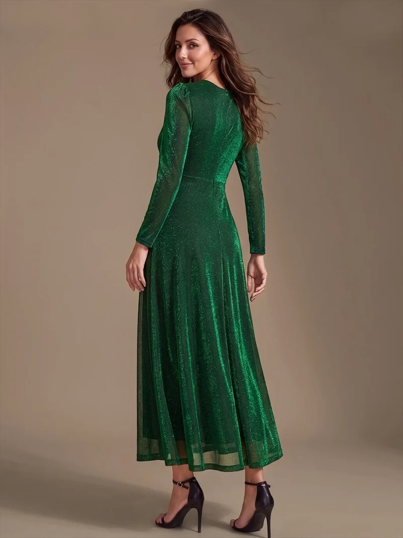 Robe midi trapèze scintillante en maille Lurex col croisé manches longues