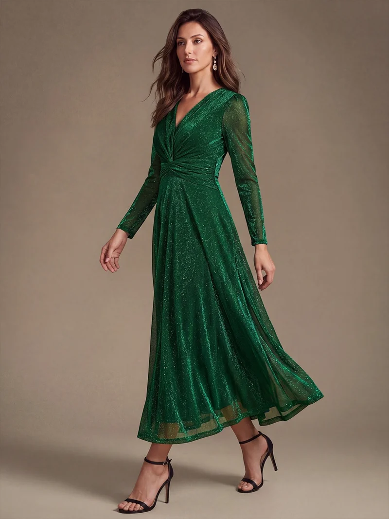 Robe midi trapèze scintillante en maille Lurex col croisé manches longues