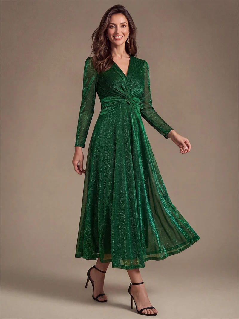 Robe midi trapèze scintillante en maille Lurex col croisé manches longues