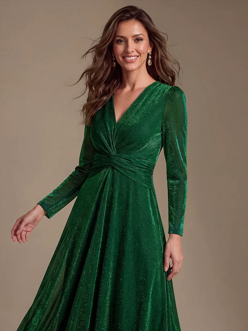 Robe midi trapèze scintillante en maille Lurex col croisé manches longues