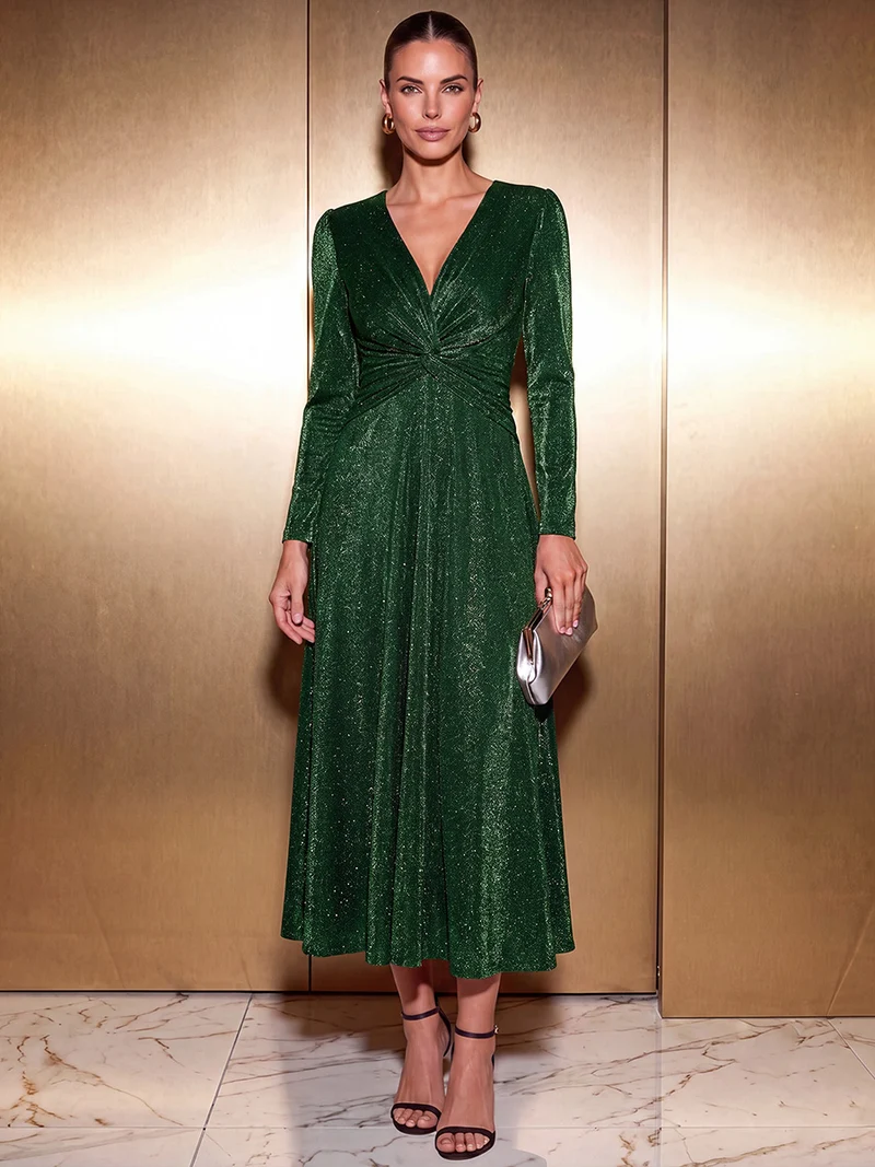 Robe midi trapèze scintillante en maille Lurex col croisé manches longues