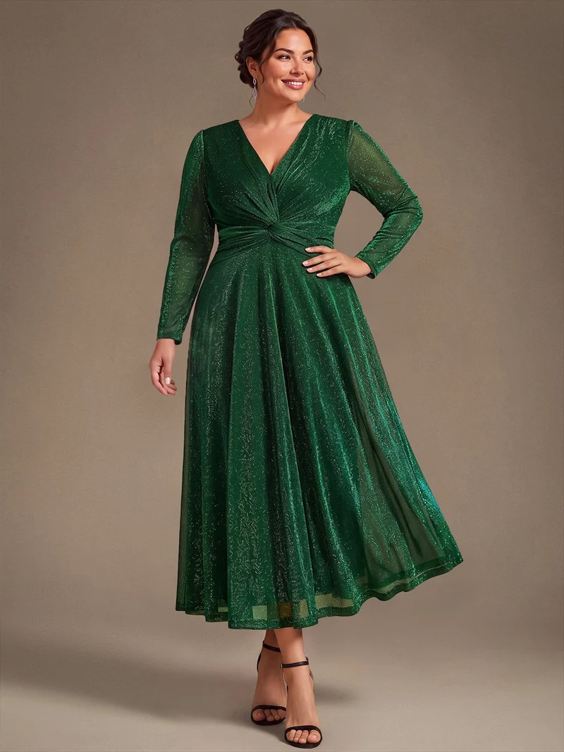 Robe midi trapèze scintillante en maille Lurex col croisé manches longues