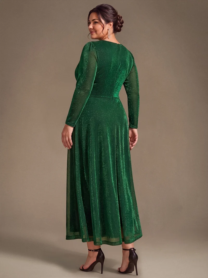 Robe midi trapèze scintillante en maille Lurex col croisé manches longues