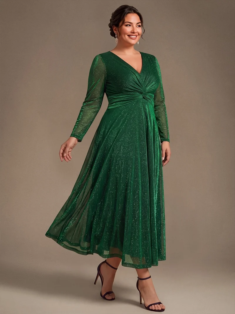 Robe midi trapèze scintillante en maille Lurex col croisé manches longues