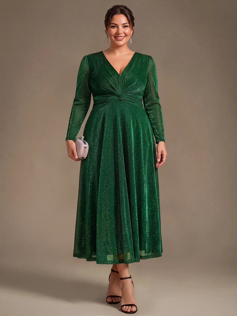 Robe midi trapèze scintillante en maille Lurex col croisé manches longues