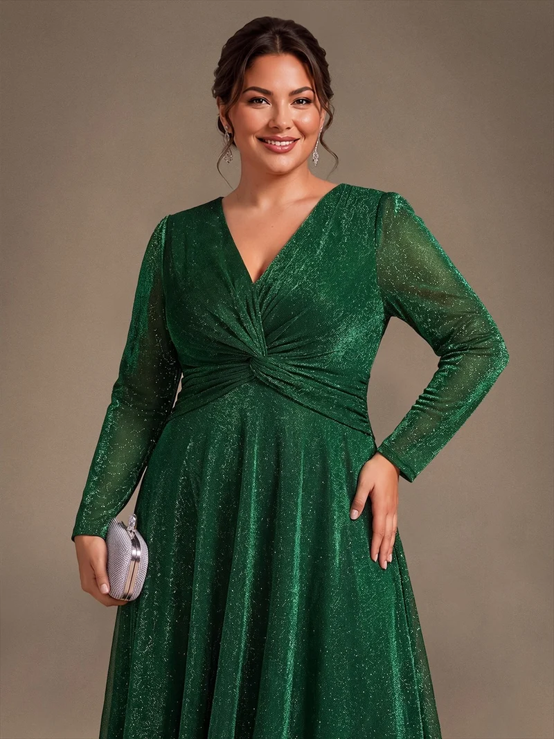 Robe midi trapèze scintillante en maille Lurex col croisé manches longues