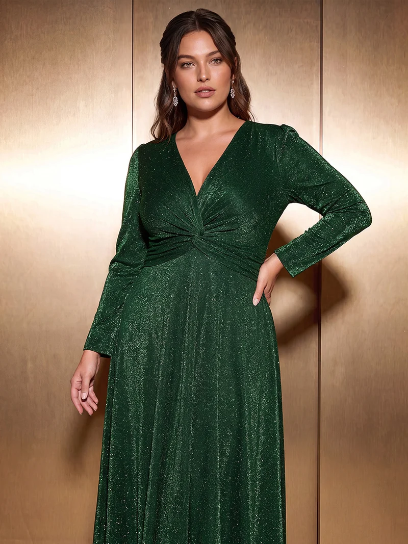 Robe midi trapèze scintillante en maille Lurex col croisé manches longues