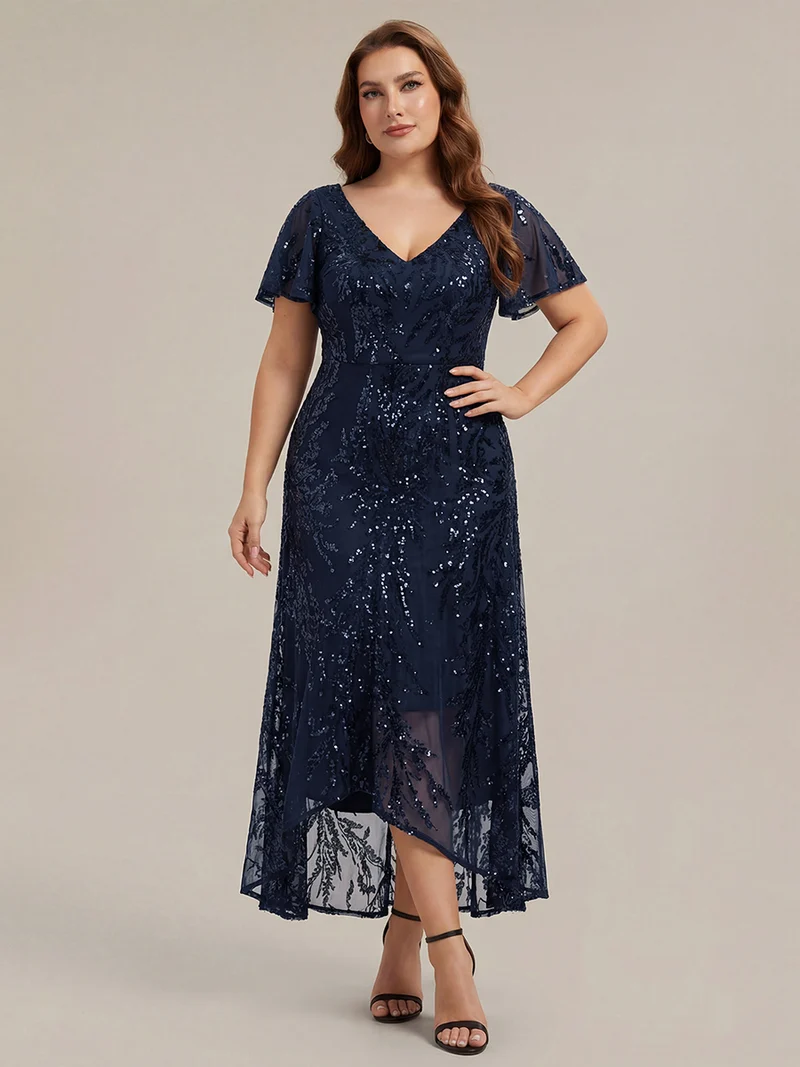 Robe à volants asymétrique à manches papillon en sequins