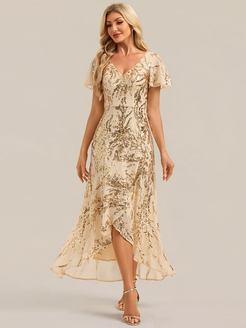Robe à volants asymétrique à manches papillon en sequins