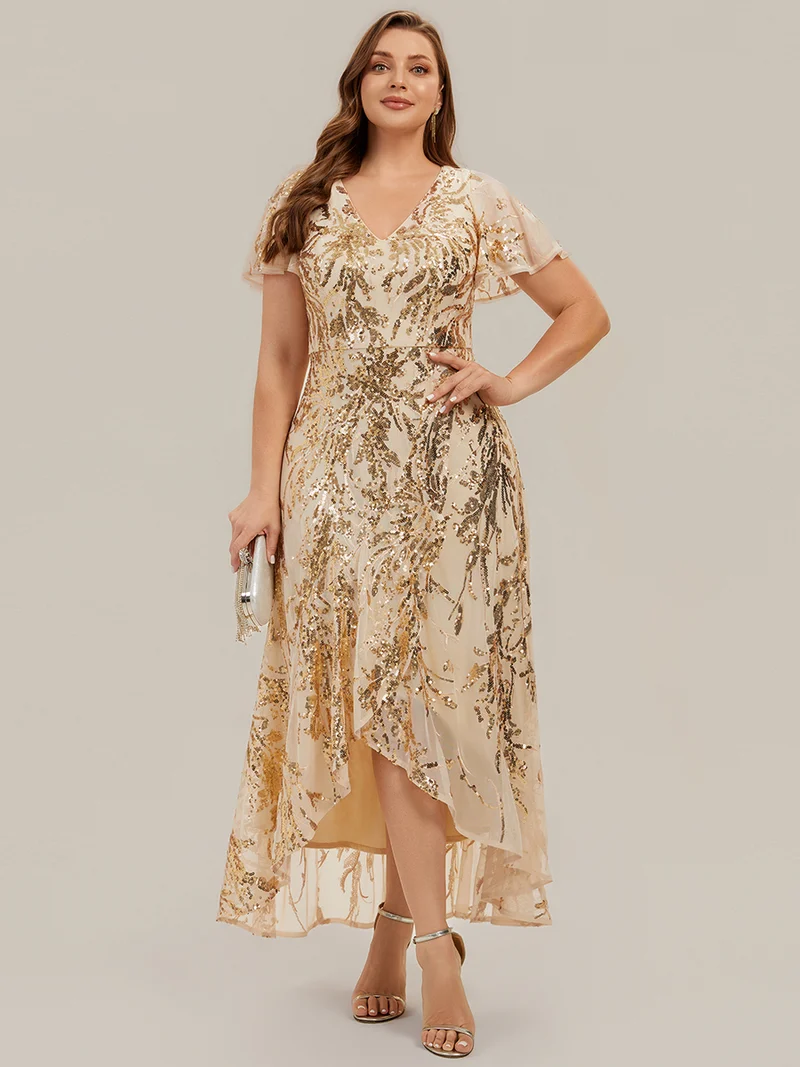Robe à volants asymétrique à manches papillon en sequins