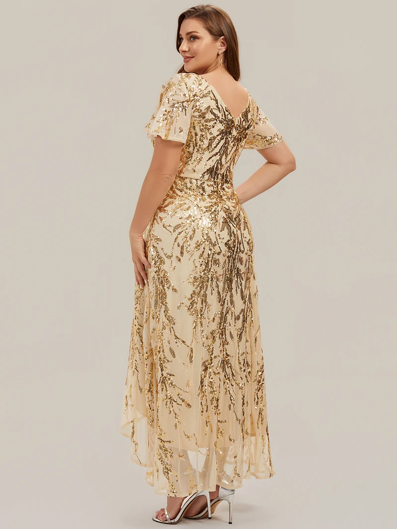 Robe à volants asymétrique à manches papillon en sequins