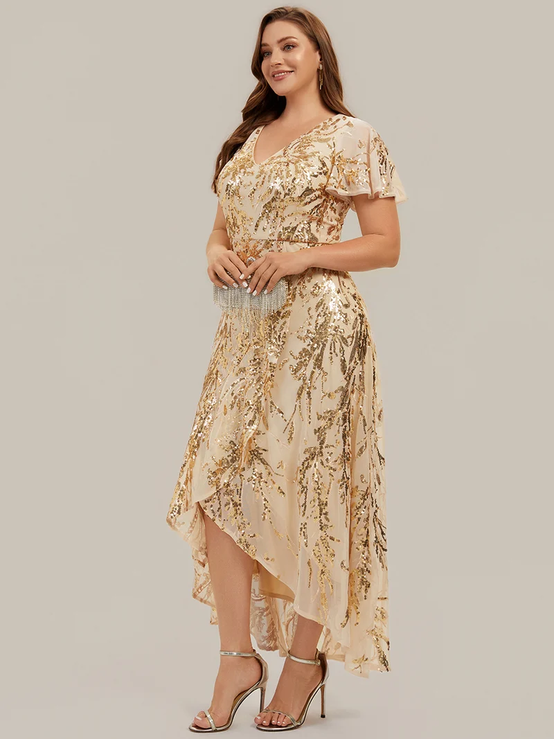 Robe à volants asymétrique à manches papillon en sequins