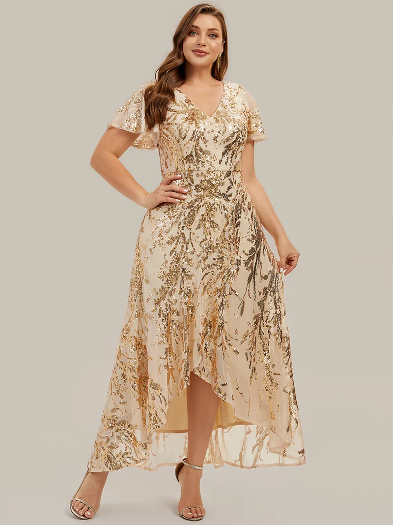 Robe à volants asymétrique à manches papillon en sequins