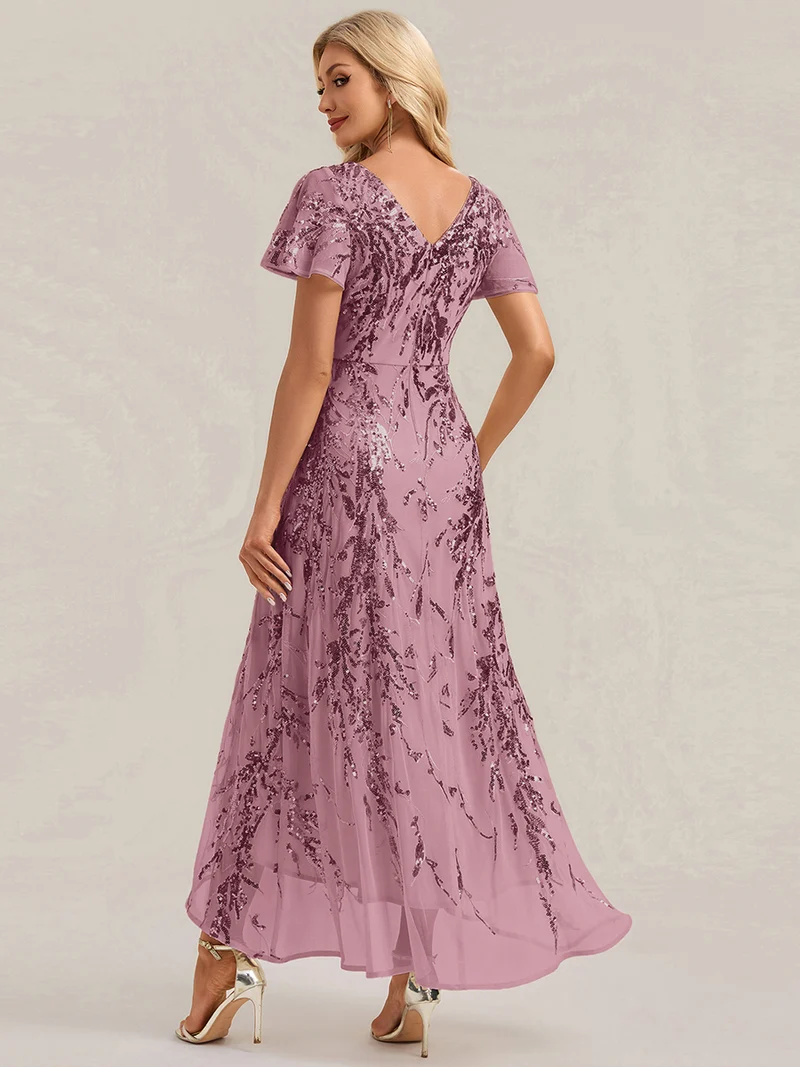 Robe à volants asymétrique à manches papillon en sequins