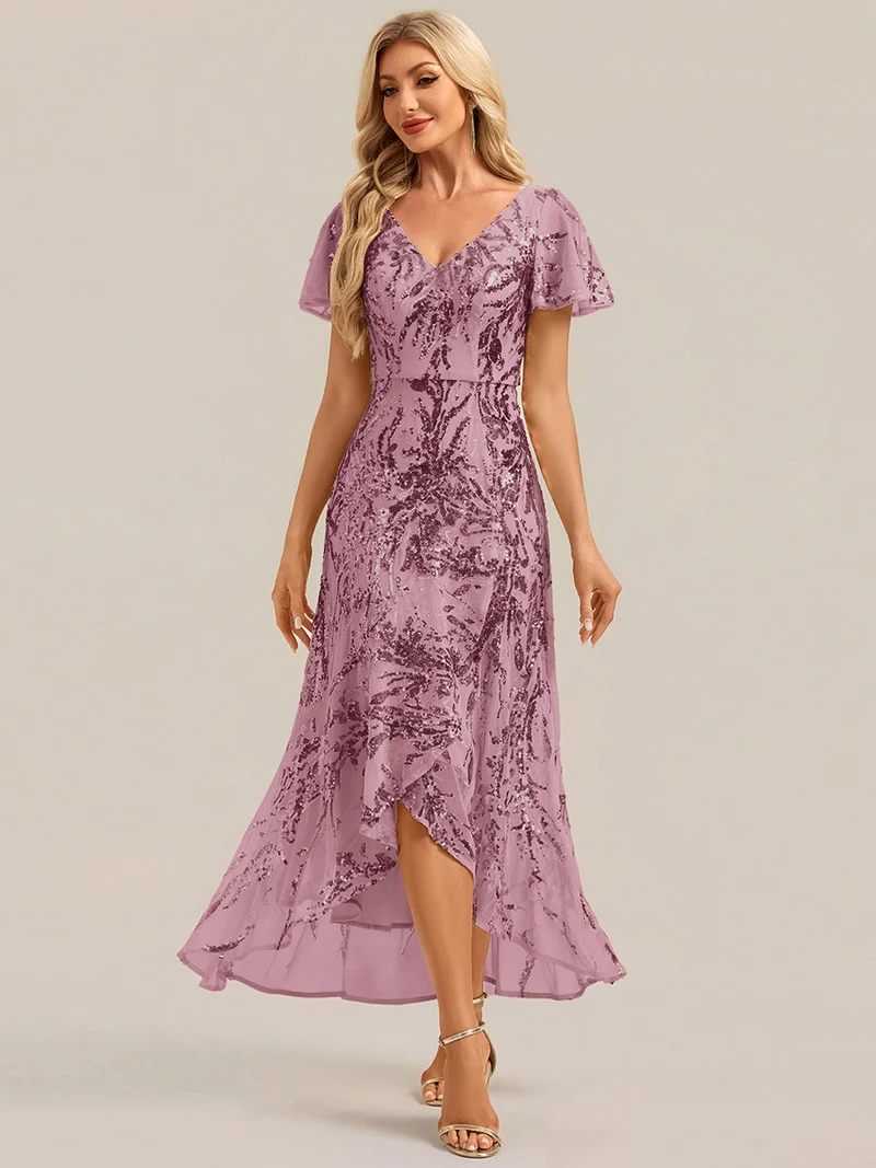 Robe à volants asymétrique à manches papillon en sequins