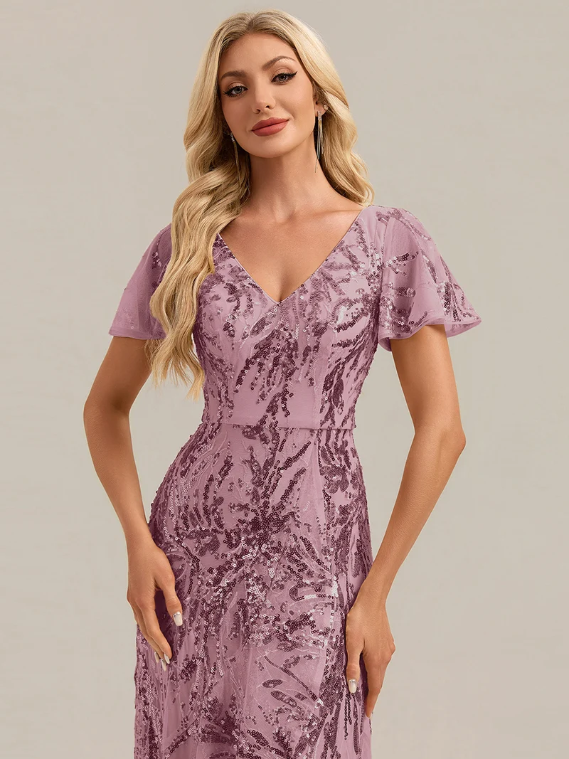 Robe à volants asymétrique à manches papillon en sequins